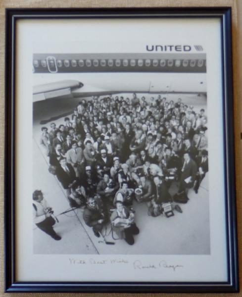 NEW ITEM Ronald Reagan Signed Black and White Group Photo with Staff and Press
